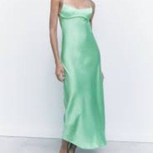 NEW | Zara Satin Effect Midi Dress Green | Size XS